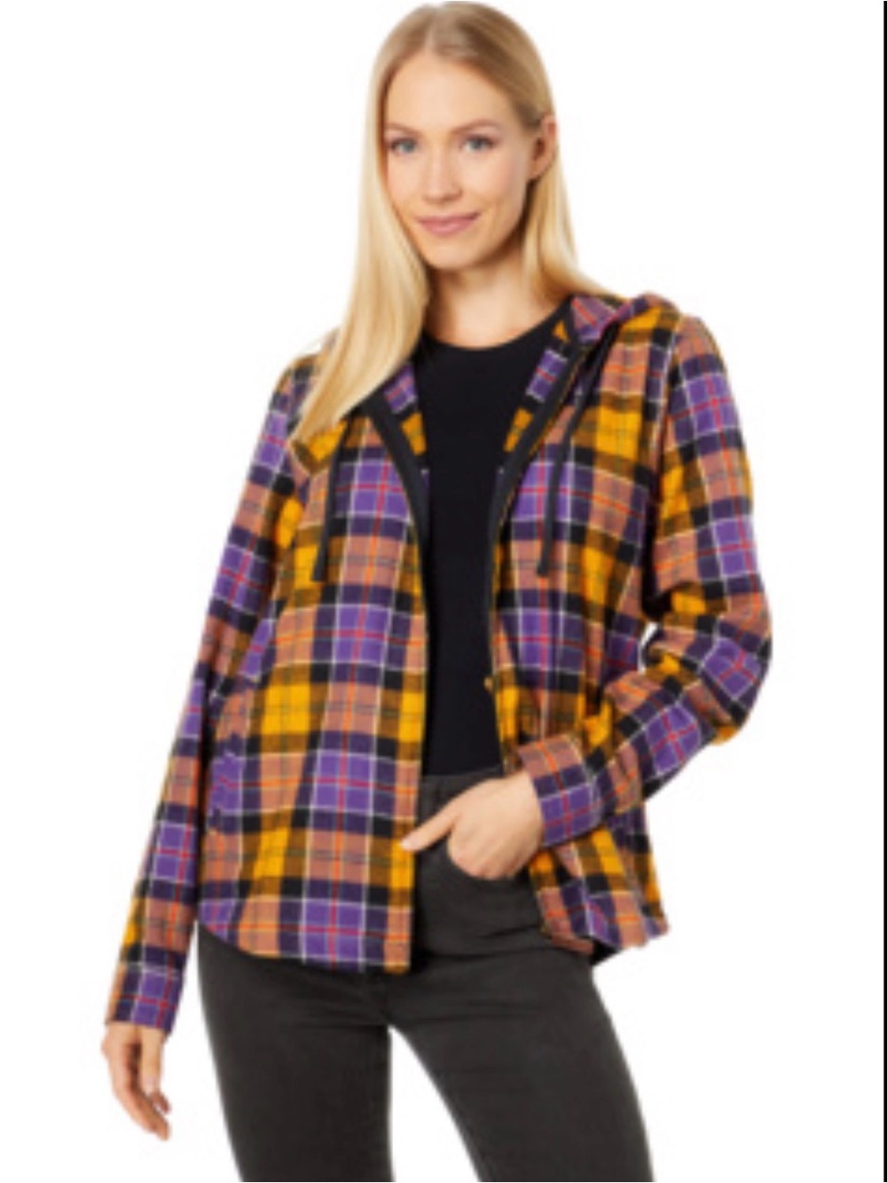L.L. Bean Plaid Hooded Shirt Jacket in Purple and Yellow